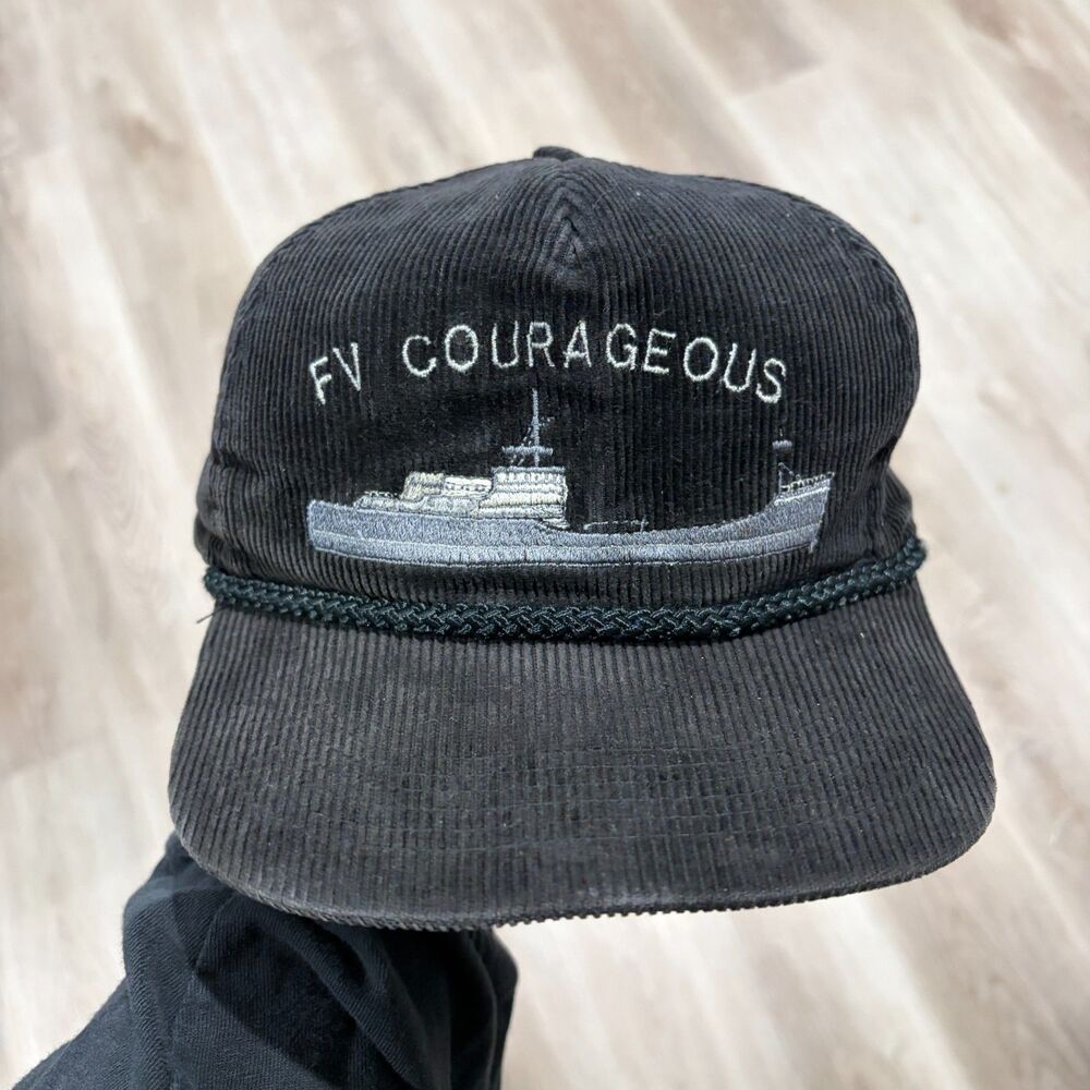 RARE Vtg 80s FV COURAGEOUS Corduroy Trucker Snapback Mens OSFA Black Coast Guard